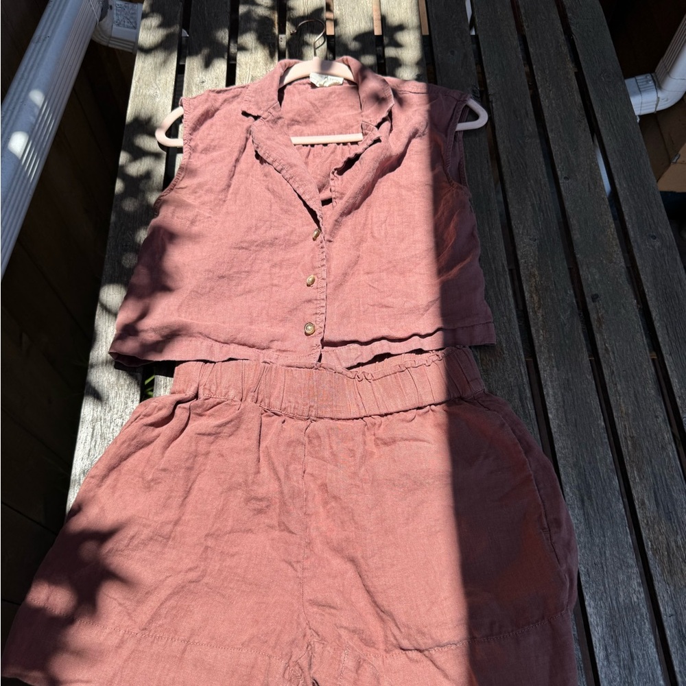 Lou & Grey Mauve Linen Sleeveless Crop Button Down Shirt and Short Set